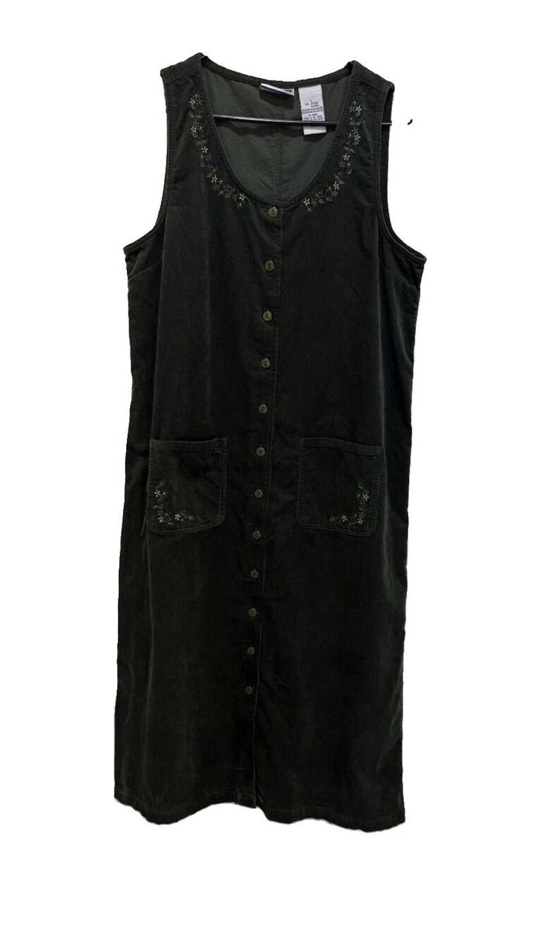 VTG Erika & Co. Green Corduroy Jumper Dress Large Embroidered Pockets Prairie